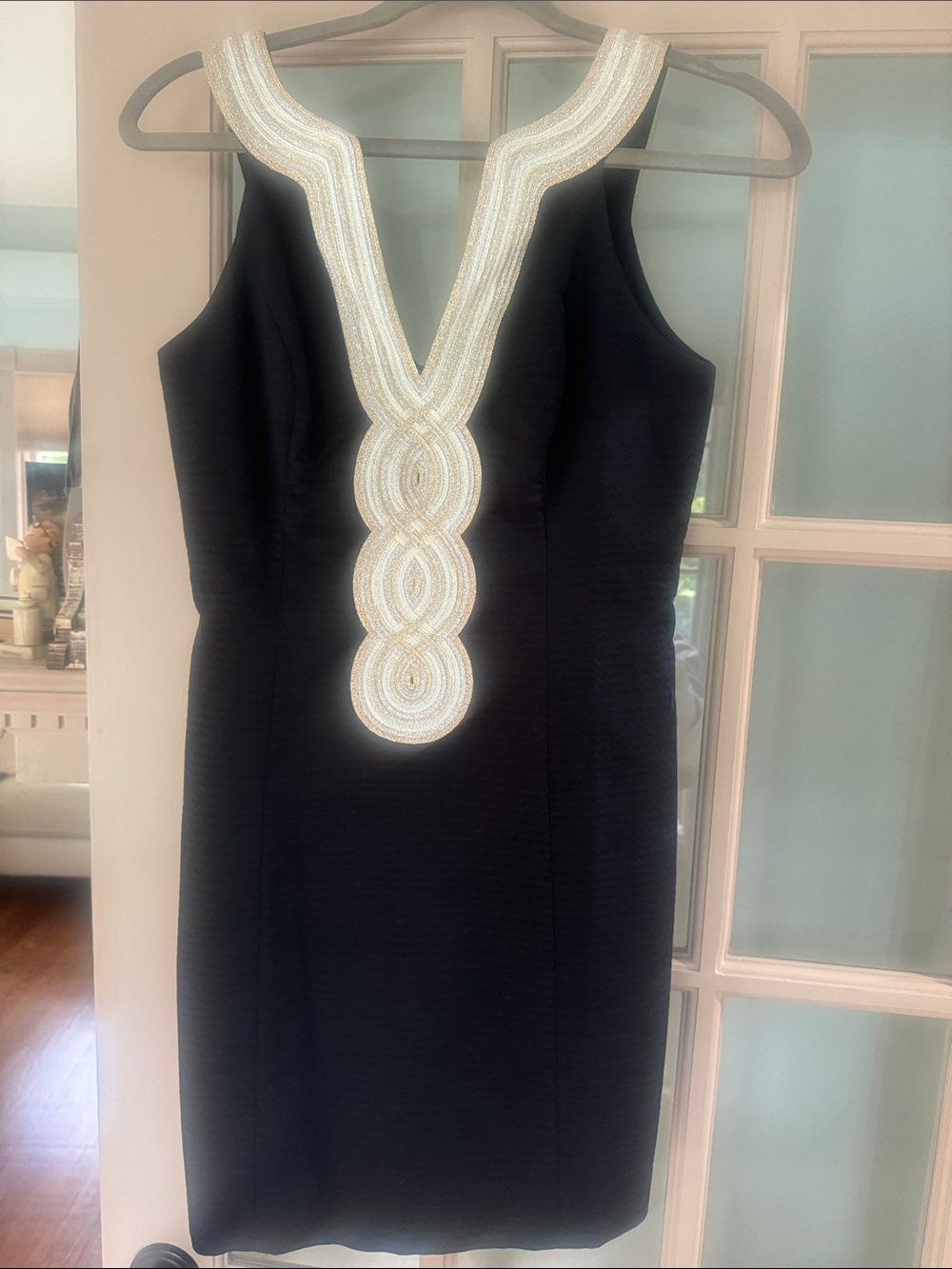 Lilly Pulitzer Valli Shift  Black Mini Dress with gold white silver sparkle trim
